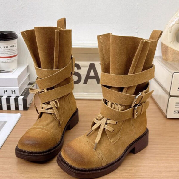 Women’s British Style Leather Buckle Mid-Calf Boots